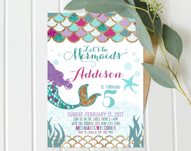 Mermaid Invitation, Mermaid Birthday Invite, Teal Purple Gold Sparkle, Under The Sea Invitation Mermaid Birthday Party, Pool Party image 1