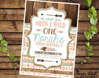 Tribal Wild One Party Invitations - Coral  Teal and Gold -  First Birthday Party -  Printable digital download