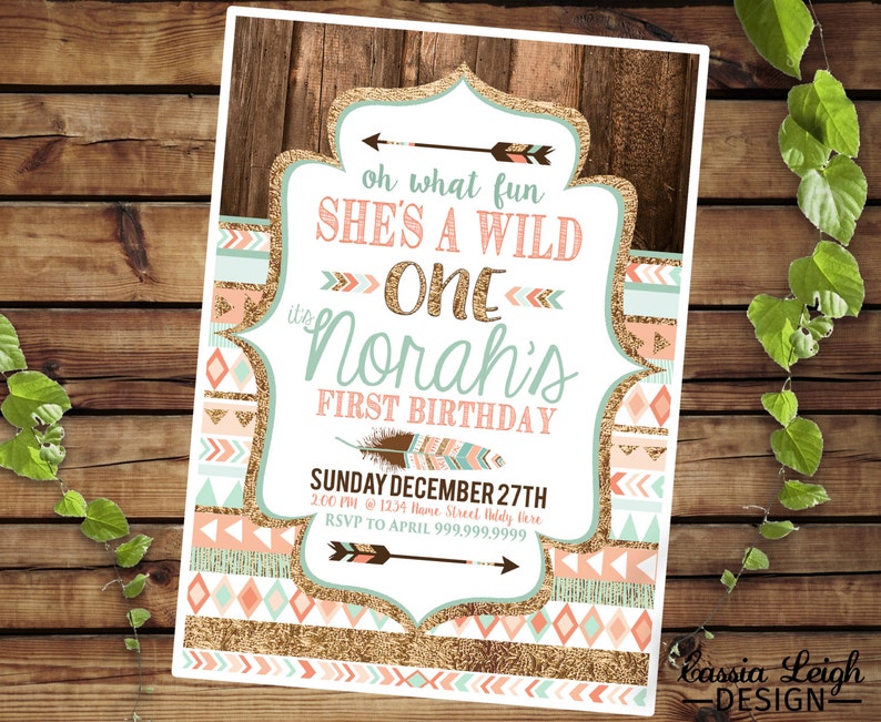 Tribal Wild One Party Invitations - Coral  Teal and Gold -  First Birthday Party -  Printable digital download 