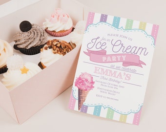 Ice Cream Party Invitations - Pink and Pastels -  Ice Cream Party - Printable Instant Downlaod