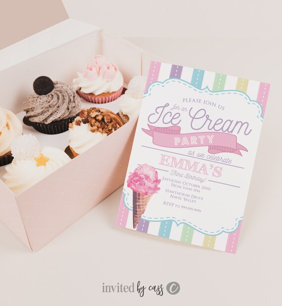 Ice Cream Party Invitations - Pink and Pastels - Ice Cream Party - Printable Instant Downlaod Il_570xn