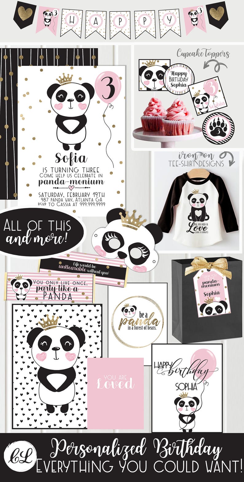 Panda Birthday Invitations and Decorations Black White and Pink with Gold Panda Princess Girls Birthday Full Collection Digital image 7