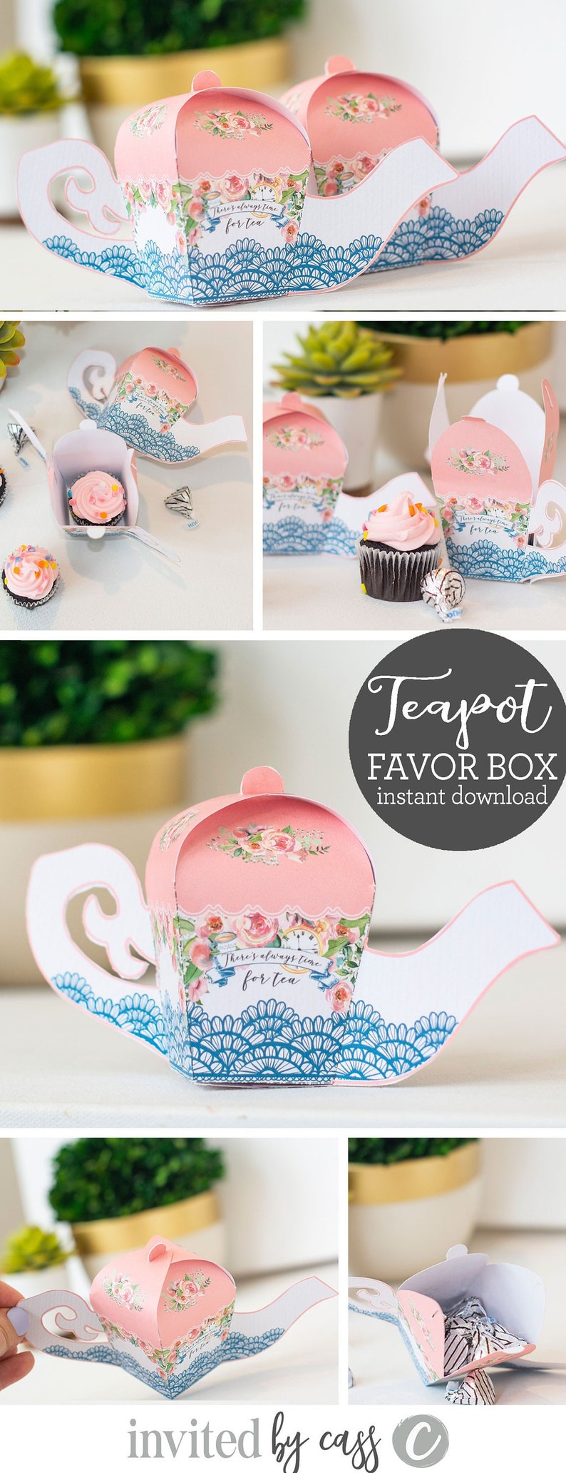 Teapot Favor Boxes INSTANT Download Birthday Bridal Shower Favors Tea Favor Boxes Tea Party Favors Alice in Wonderland C117 image 1