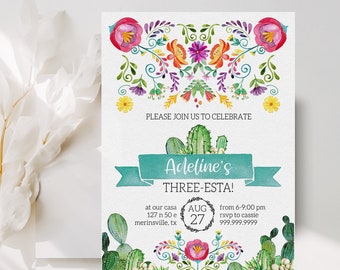 Fiesta Invitation Three-esta Birthday Invite, EDITABLE Floral Green Cactus - Taco Bout A Fiesta Birthday - 3rd, Printable Instant Download