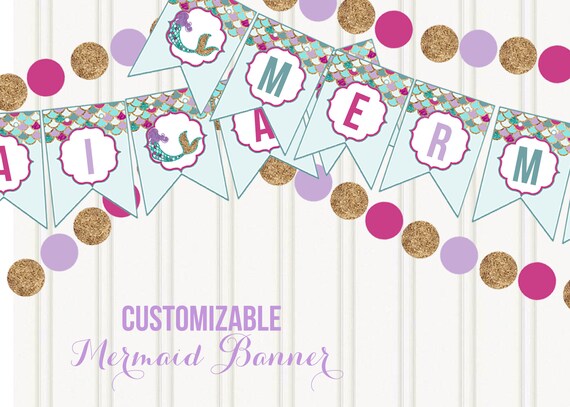 Mermaid Banner, Under the sea party banner, Girl Baby Shower, Mermaid Birthday Party, Customize - Instant Download Il_570xn