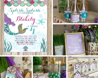 Mermaid birthday invites - with PRINTABLE decorations - purple teal and gold - Mermaid Birthday Party - Instant download