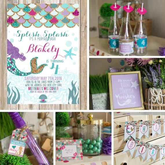 BUNDLE Mermaid birthday invites - NEW updates with PRINTABLE decorations - purple teal and gold - Mermaid Birthday Party - Instant download Il_570xn