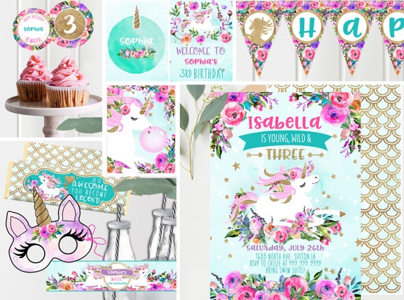 Young Wild and Three Unicorn Invitation and Unicorn Decor - Girls 3rd