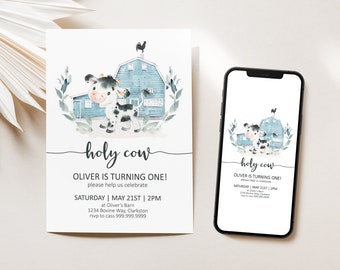 Invitación de cumpleaños de vaca sagrada: Granero azul, plantilla editable (descarga digital)