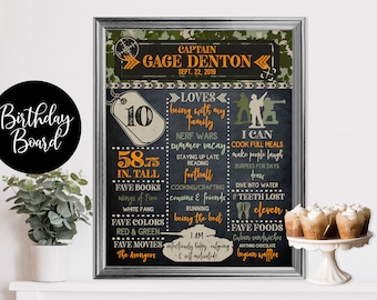 Camo Army Birthday Board, Milestones Sign, Camo Army Board, Template, Boys, Any Age + Tween Stats Birthday Poster, Printable NCA10