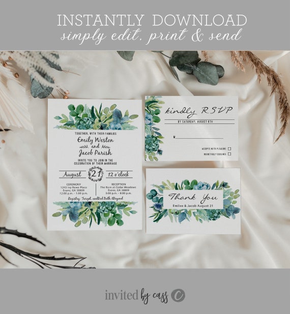 Eucalyptus Wedding Invitation Set, Lush Greenery, Watercolor, INSTANT DOWNLOAD, Editable Template, Invite, RSVP, Thank you, eg28 Il_570xn