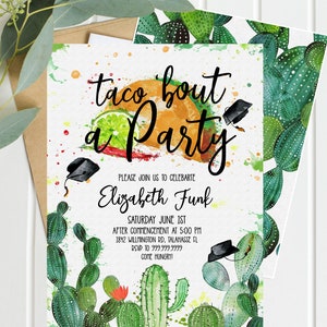 Fiesta Invitation - Graduation Caps - Celebration Cactus - Taco Bout a Party - Southwestern - Taco Tuesday - 2019 Graduate - Printable