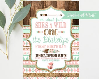 Wild One Birthday Invitations - Pink and Mint - First 1st Birthday Party - Instant Digital Download
