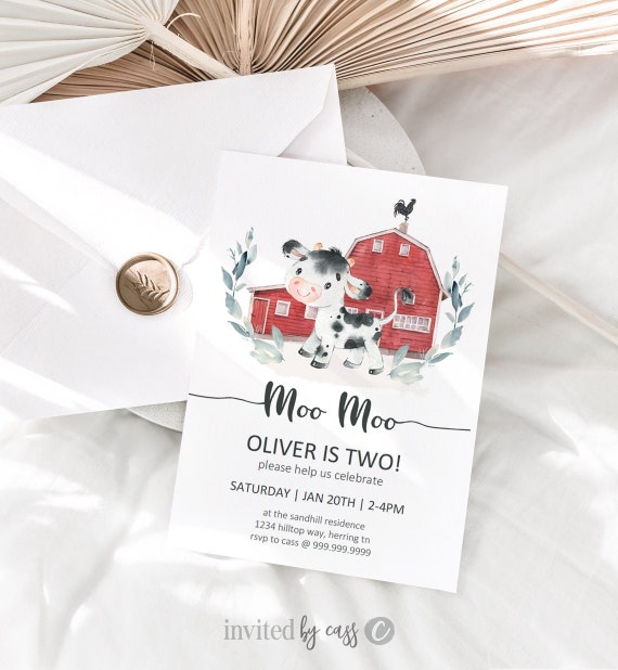 Moo Moo I'm Two Boys Birthday Invitation, Red Barn, Second Birthday, Editable Invitation Printable Cow Invite Template Il_570xn