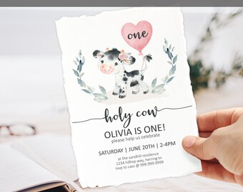 Highland Cow 1st Birthday Decorations Girl - Holy Cow Im One Backdrop, Highland Cattle High Chair Banner Cake Topper Foil Balloons Pink Boho Floral Farm Animal Party