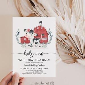 Santo cielo, stiamo per avere un bambino, invito per festa di compleanno a tema mucca e fienile rosso per bambine, compleanno in fattoria, baby shower per bambine, modificabile, stampabile, modello di invito