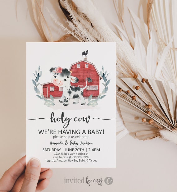 Holy Cow We're Having a Baby, Girl Red Barn + Cow Shower Invitation, Farm Birthday, Girl Baby Shower, Editable, Printable , Invite Template Il_570xn