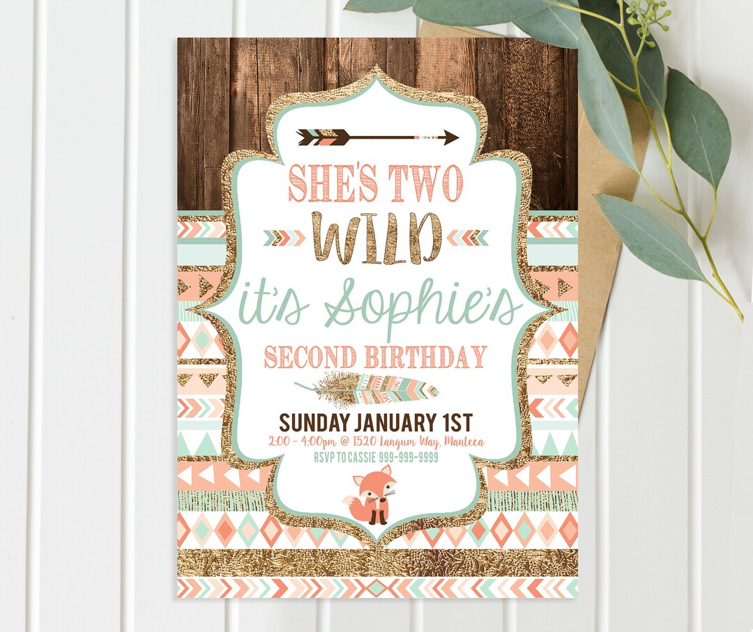 She's Two Wild Birthday Invitations Coral, Gold and Teal Girls Second 2nd Birthday Party Instant