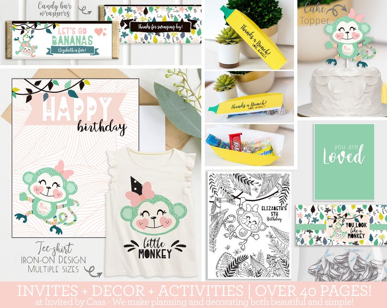 Monkey Birthday Party Invitation, BUNDLE with Decor, Jungle Birthday, Editable, Monkey Invite, WILD Any Age, Zoo, Safari, Girl First MKY13 画像 3