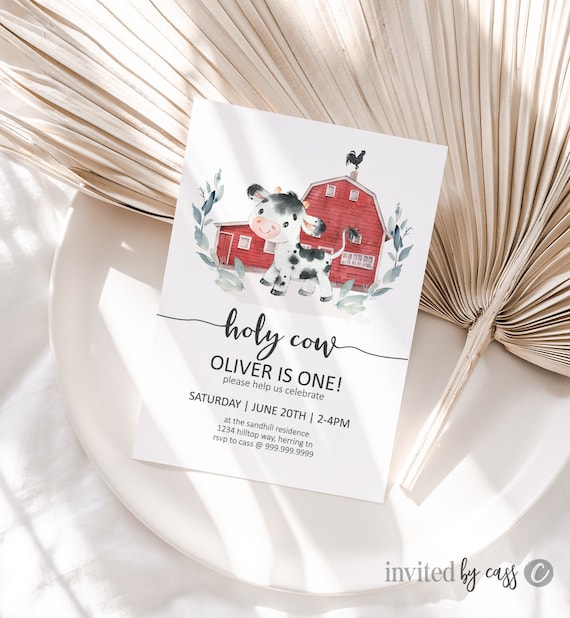 Holy Cow I'm One Boys Birthday Invitation, Red Barn, Any Age + First Birthday, Editable Invitation Printable Cow Invite Template Il_570xn