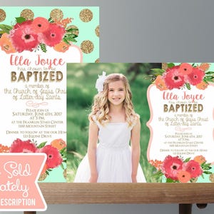Baptism Decorations Printable Coral and Pink Floral Girl Personalized Baptism Instant download Baptism Prints image 2