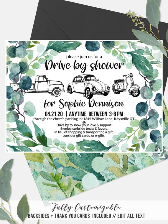 Drive Through Shower Quarantine Party Greenery Driveby Shower Invitations Digital Invites