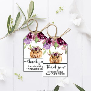 Editable Holy Cow Birthday Favor Tags, Purple Highland Cow Bottle Labels Cow Decor, Baby Cow, Instant Download, Girls first birthday