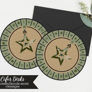 May include: Two brown and green cipher disks with a star in the center and symbols around the edge. The text "Cifer Disks to create/decode secret messages" is below the disks.