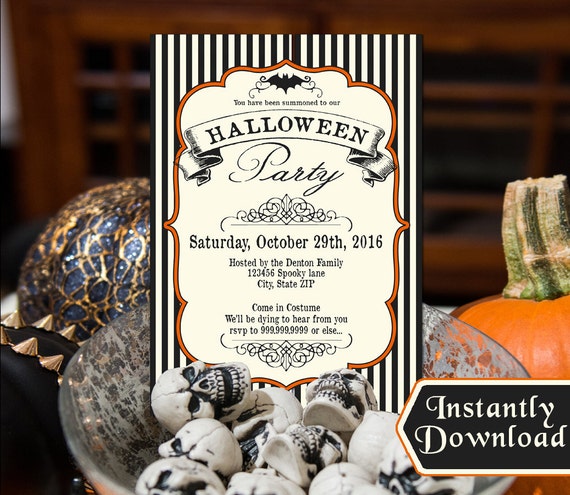 Halloween Invitations, Black and White (off-white) with orange - Halloween Party Invites - INSTANT Download Il_570xn