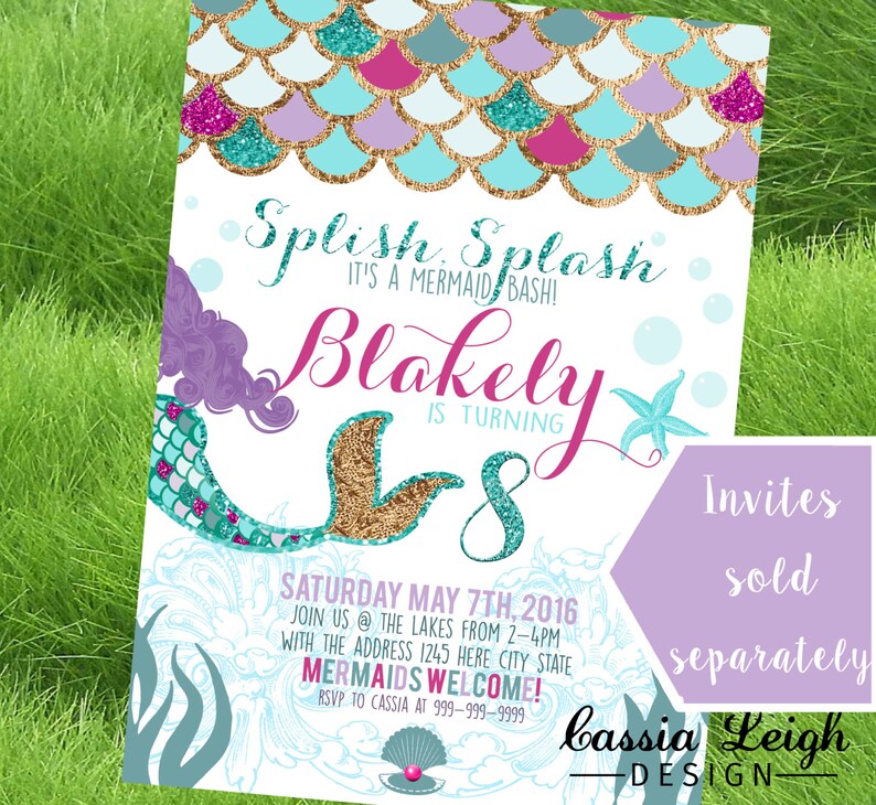Purple Mermaid Birthday Decor, under the sea party, Mermaid Birthday Party, Personalize, Instant Download girls birthday immagine 7