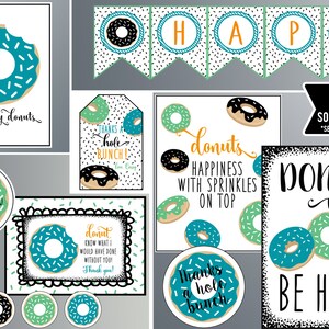 Op de afbeelding: Een set met printbare donut-thema feestdecoraties. De set bevat een banner, labels en borden met verschillende donut-thema uitspraken, zoals "Donut Worry, Be Happy" en "Donuts: Happiness with Sprinkles on Top".