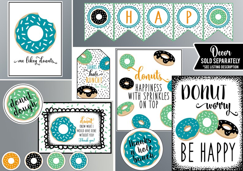 Op de afbeelding: Een set met printbare donut-thema feestdecoraties. De set bevat een banner, labels en borden met verschillende donut-thema uitspraken, zoals "Donut Worry, Be Happy" en "Donuts: Happiness with Sprinkles on Top".