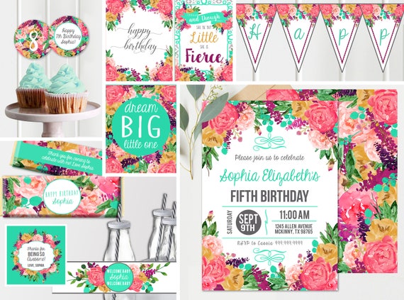 BUNDLE & Save - Floral Boho Chic Girl Birthday Invitation + Decorations - 1st 2nd 3rd Birthday Any Age Girl Birthday Party -Instant Download Il_570xn