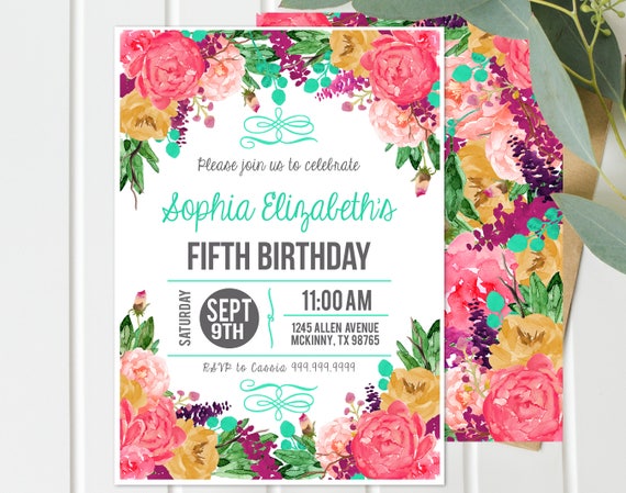 PRINTABLE Floral Boho Chic Girl Birthday Invitation - First Birthday 2nd, 3rd, 4th 5th ANY age - Garden Girl Birthday Party -Bright Colorful Il_570xn