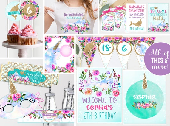 Narwhal Unicorn under the Sea Party Decor - Purple Floral Gold - Printable - Magical Narwhal Unicorn Girls Birthday Party - Instant Download Il_570xn