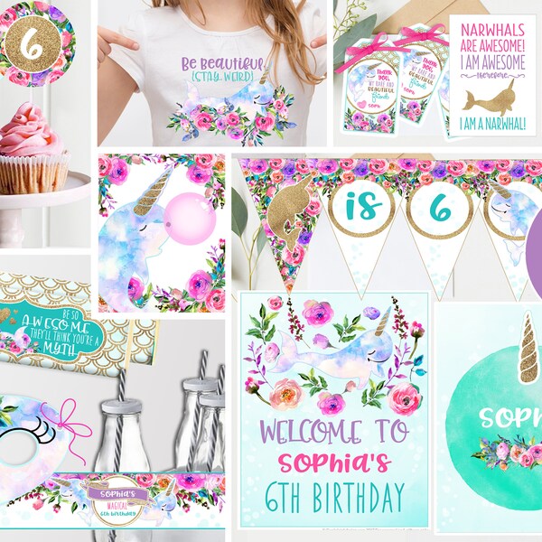 Narwhal Unicorn under the Sea Party Decor - Purple Floral Gold - Printable - Magical Narwhal Unicorn Girls Birthday Party - Instant Download