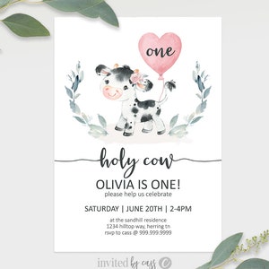 Holy Cow Girls Birthday Invitation, Pink Farm Birthday, Any Age First Birthday, Editable Invite Printable , Cow Birthday Invite Template image 9