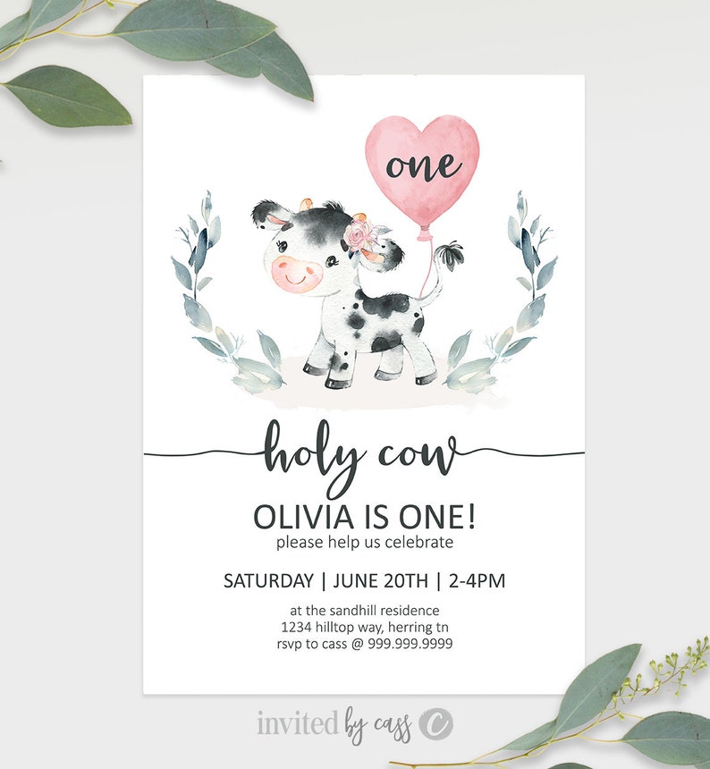 Holy Cow Girls Birthday Invitation, Pink Farm Birthday, Any Age First Birthday, Editable Invite Printable , Cow Birthday Invite Template image 9