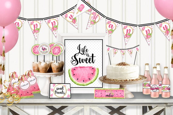 One in a melon Birthday Party Decor, watermelon pool party, Summer Birthday Party, First birthday Party, pink black white gold, Printable Il_570xn