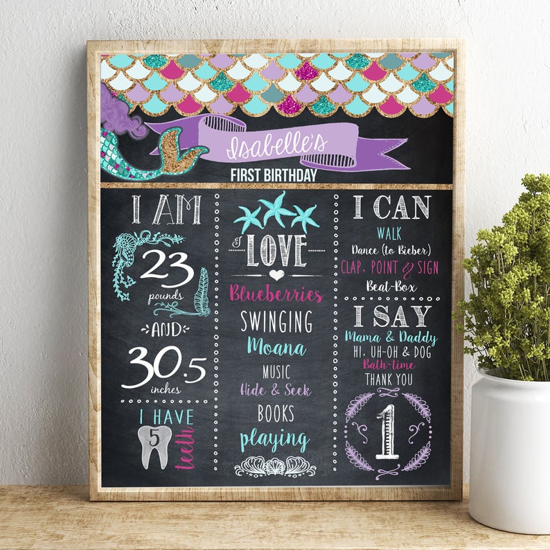 Mermaid Birthday Chalkboard Sign Purple and Teal Mermaid Birthday Party Custom Digital Download image 1