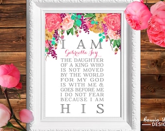 I am His - Bright Floral Nursery - Christian Wall Art - Instant download and Customize with name