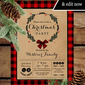 Printable Christmas Party Invitations Buffalo Plaid and Parchment Paper Christmas Invitations Wreath Instant Download image 2