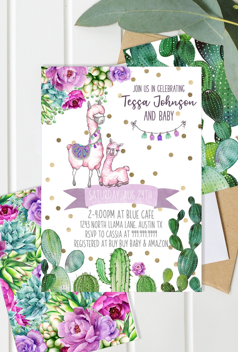 Llama Baby Shower Invitation Fiesta Invite Cactus Cacti Etsy