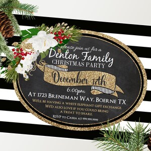 Christmas Gift Exchange Invitations - Black and White - White Elephant - gift - favorite things holiday party invitation -  Digital Download