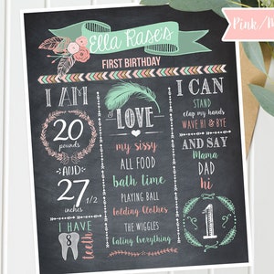 Personalized First 1st Birthday Chalkboard Sign Wild One girl Printable first birthday chalkboard sign Tribal theme pink coral image 3