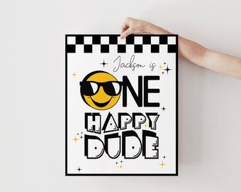 Panneau de bienvenue One Happy Dude, 1er anniversaire de garçon, affiche de bienvenue pour le sourire de fête, Happy Face Boys, 1er anniversaire, Emoji groove des années 70, 65712