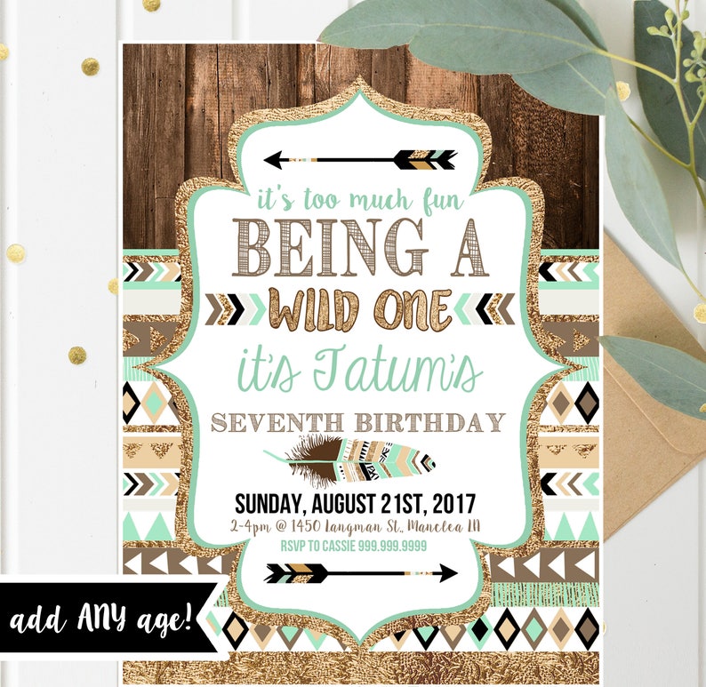 Wild one Tribal Birthday Invitations Boy Printable Invites for ANY age Brown Teal Gold Wild One Birthday Instant Download image 1