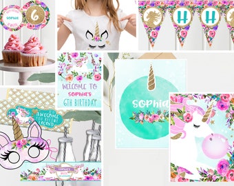 Unicorn Birthday Decorations- Pink purple teal floral - Unicorn Birthday - Printable Instant Download