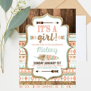 Woodland baby shower invitation Tribal Boho Coral and Teal gender reveal neutral Girl Baby Shower sprinkle sip see - Instant Download