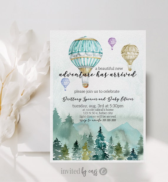 Up up and away Hot Air Balloon Baby Shower Invitation, Adventure has arrived, Adventure Awaits, Customizable Baby Shower Digital Invite Il_570xn